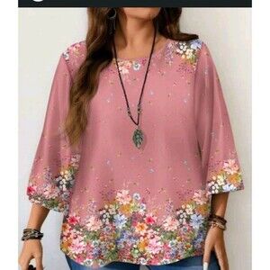 Emery Rose Size 1XL Womens Pink Floral Crew Neck 3/4  Sleeve Lightweight Blouse